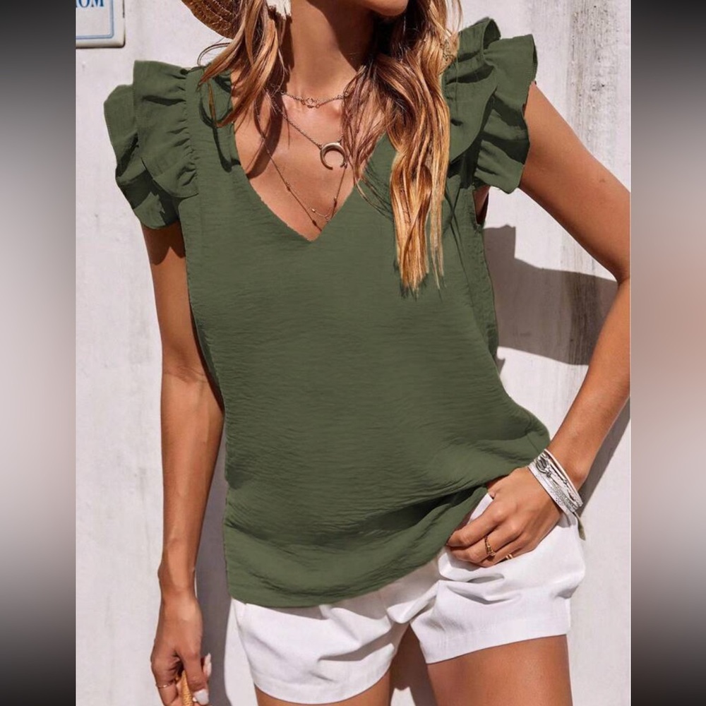 Luxe V neck ruffle trim blouse